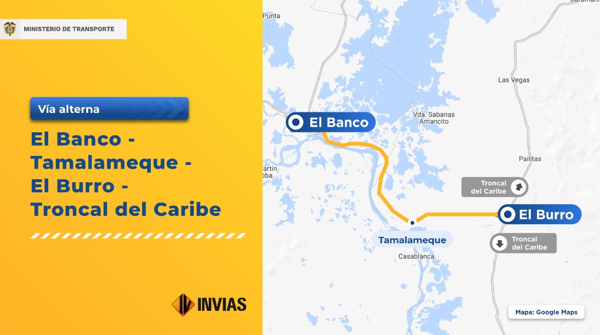 Mapa - Invías moviliza personal para atender afectación en la vía El Banco-Chimichagua-Cuatro Vientos 